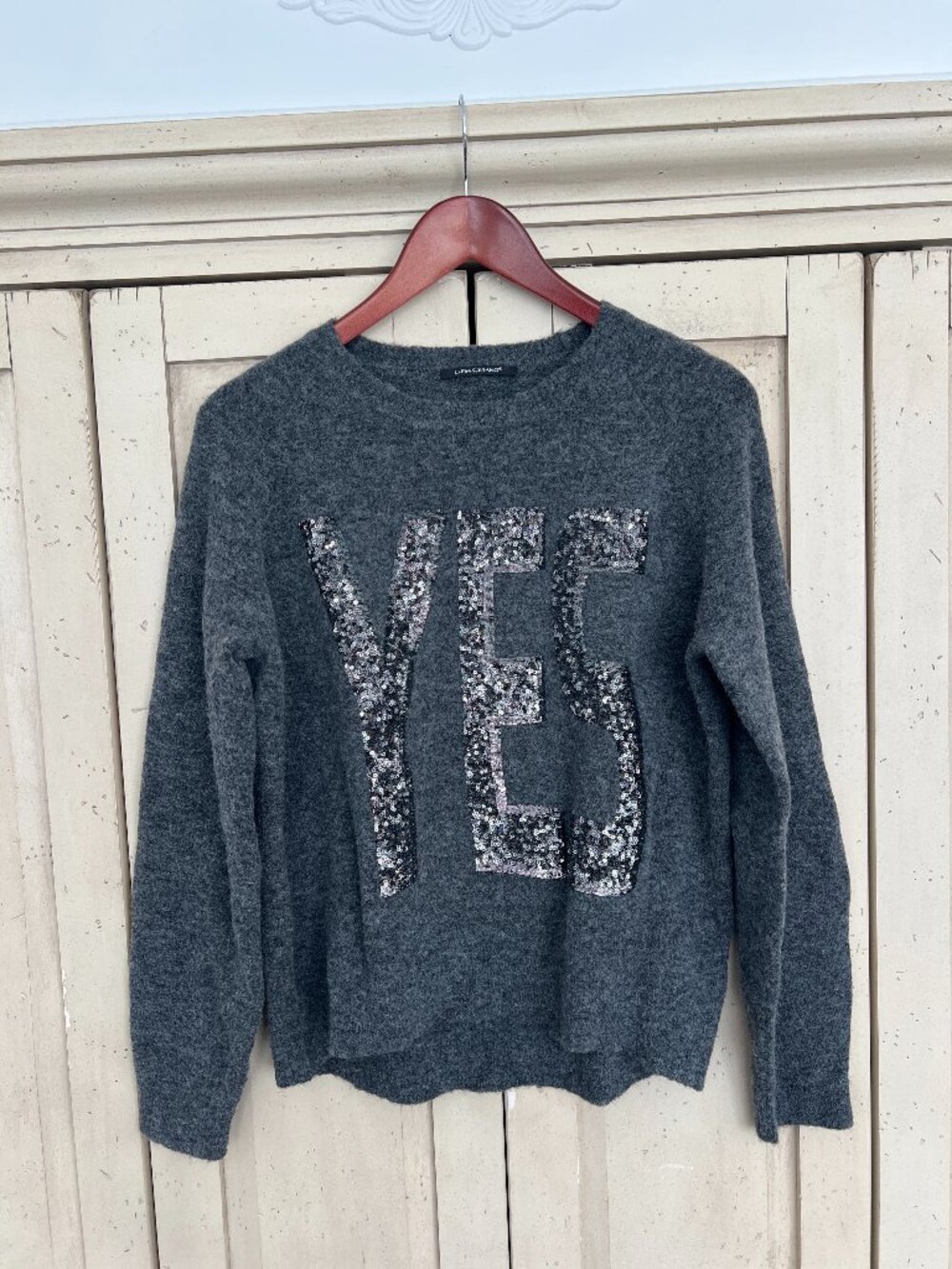 Luisa Cerano "YES" Sequin Graphic Sweater Charcoal Boiled Wool Alpaca Blend US 4